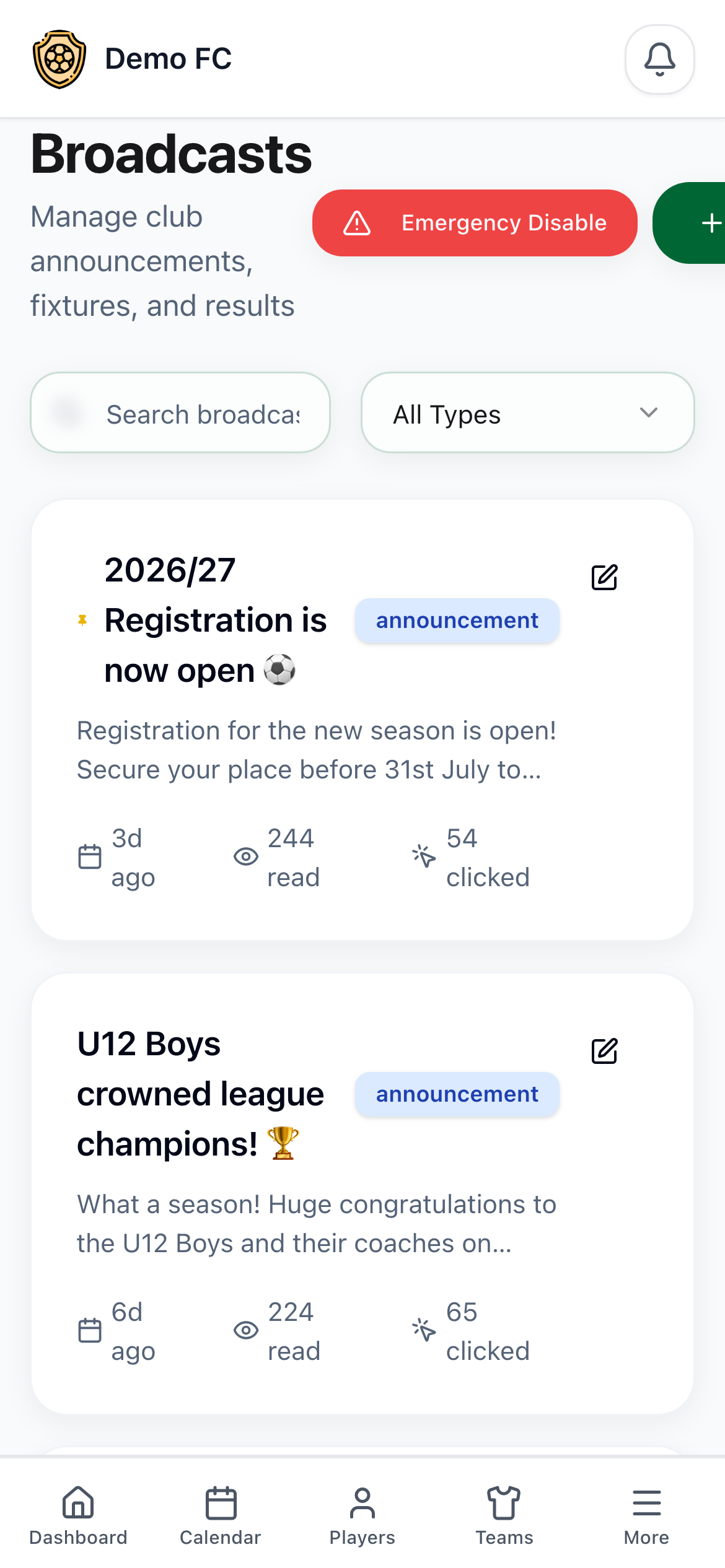 PureClub mobile club announcements