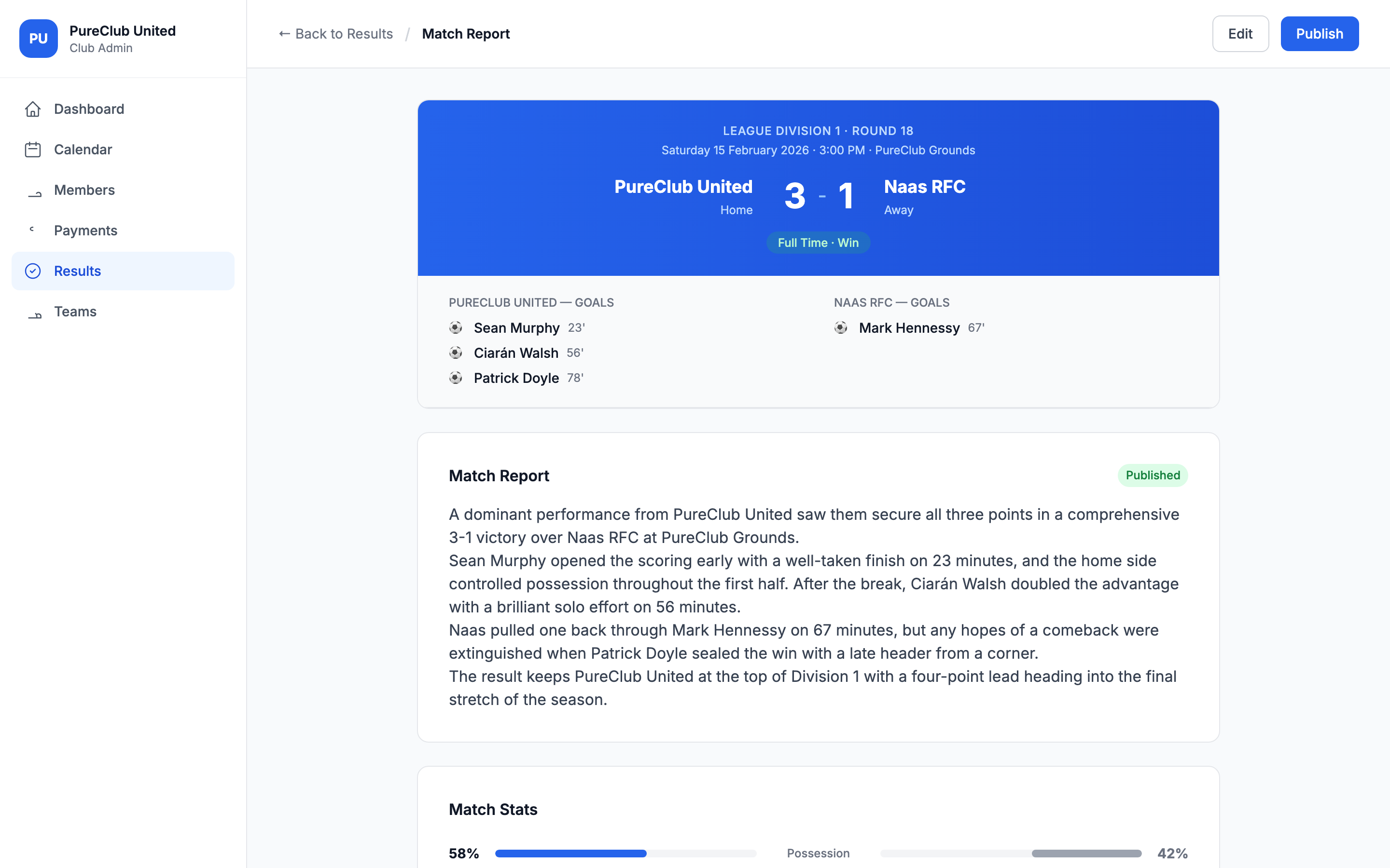 Match report with goal scorers and stats