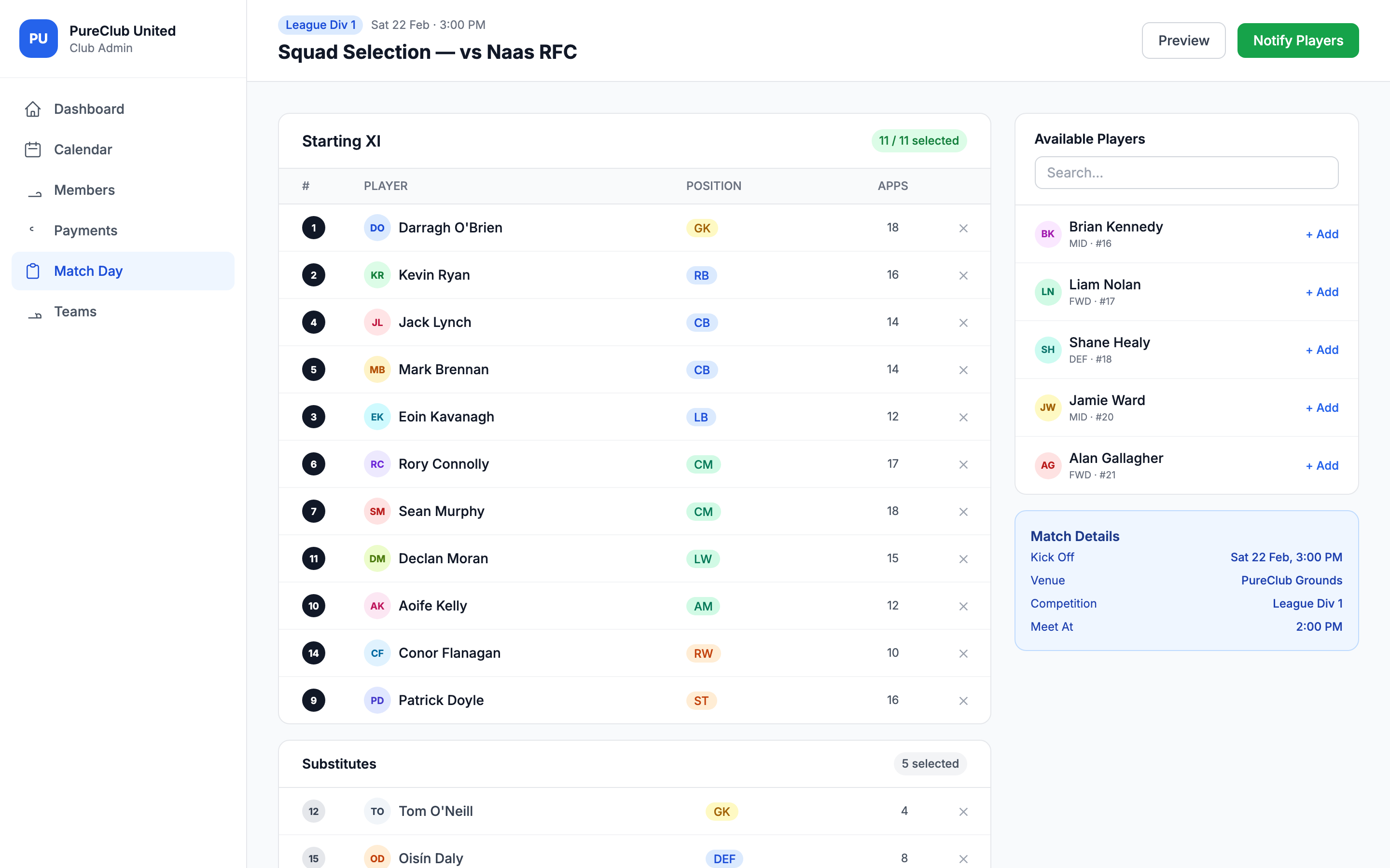 Squad selection and lineup builder