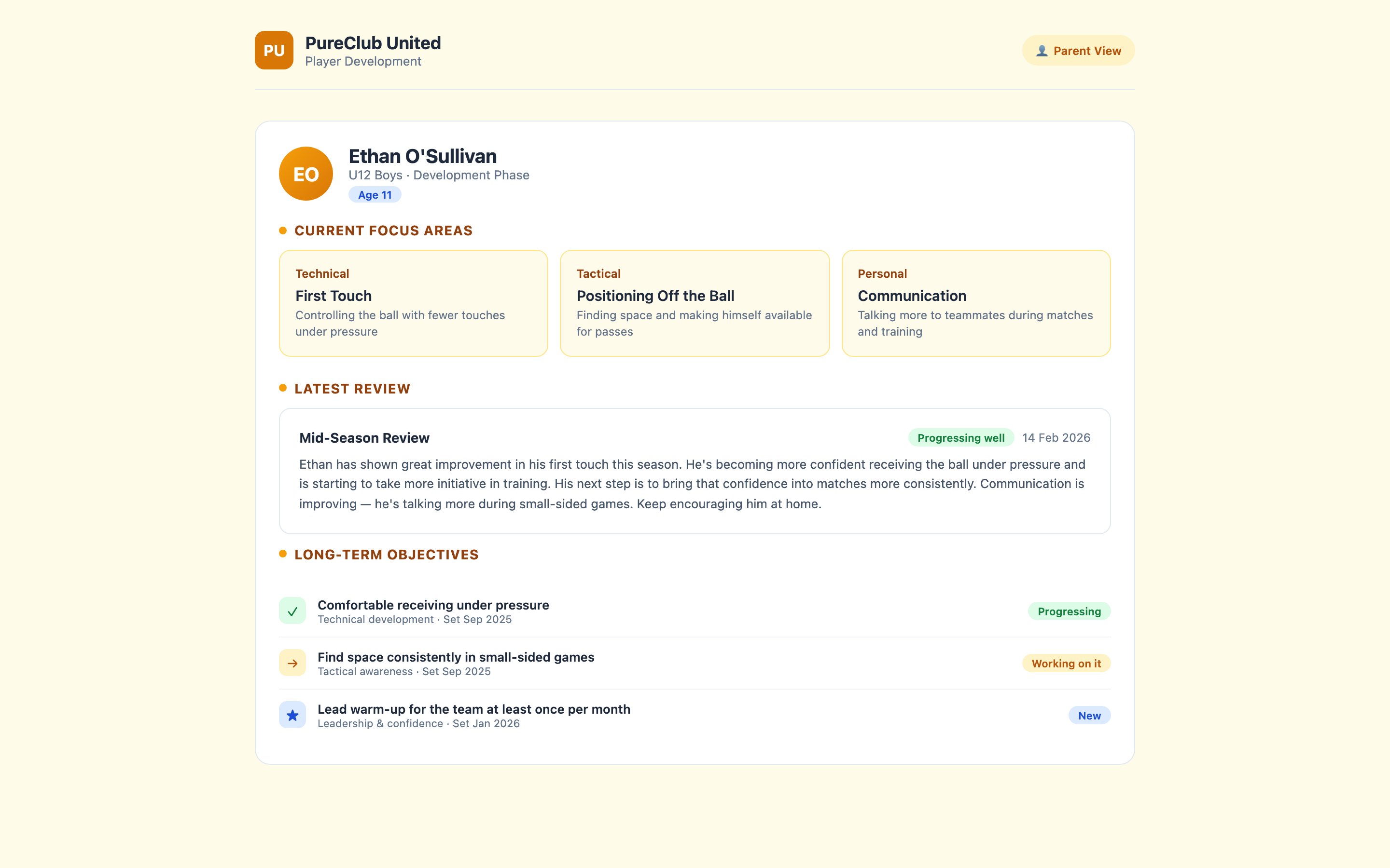 Parent view of child's development showing focus areas, review summary, and long-term objectives
